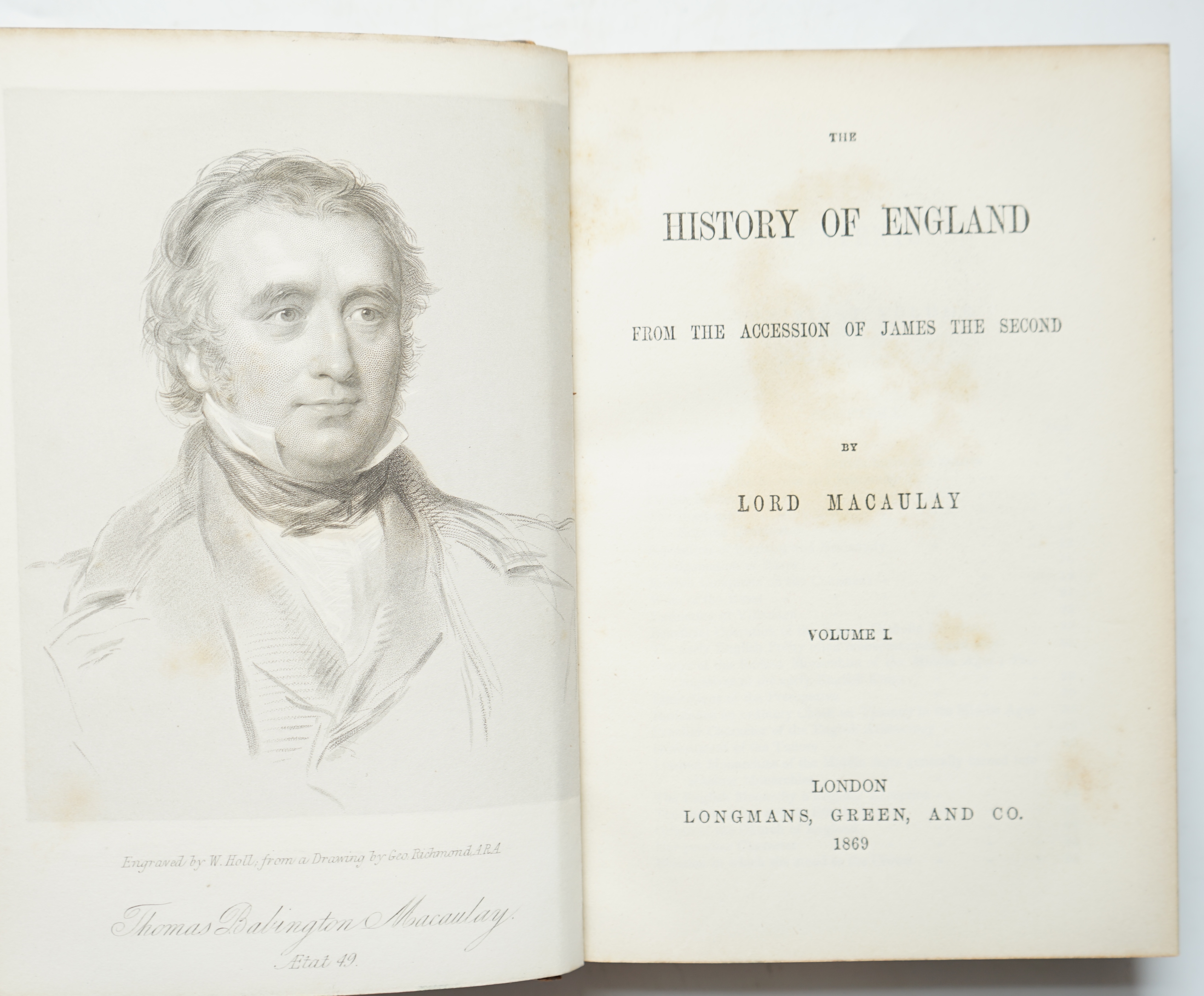 BINDINGS - Macaulay, Thomas Babington - The History of England, 8 vols, 8vo, tree calf, Longmans, Green, and Co., London, 1869 and Collins, W. Lucas (editor) - Ancient Classics for English Readers, 10 vols, half blue mor